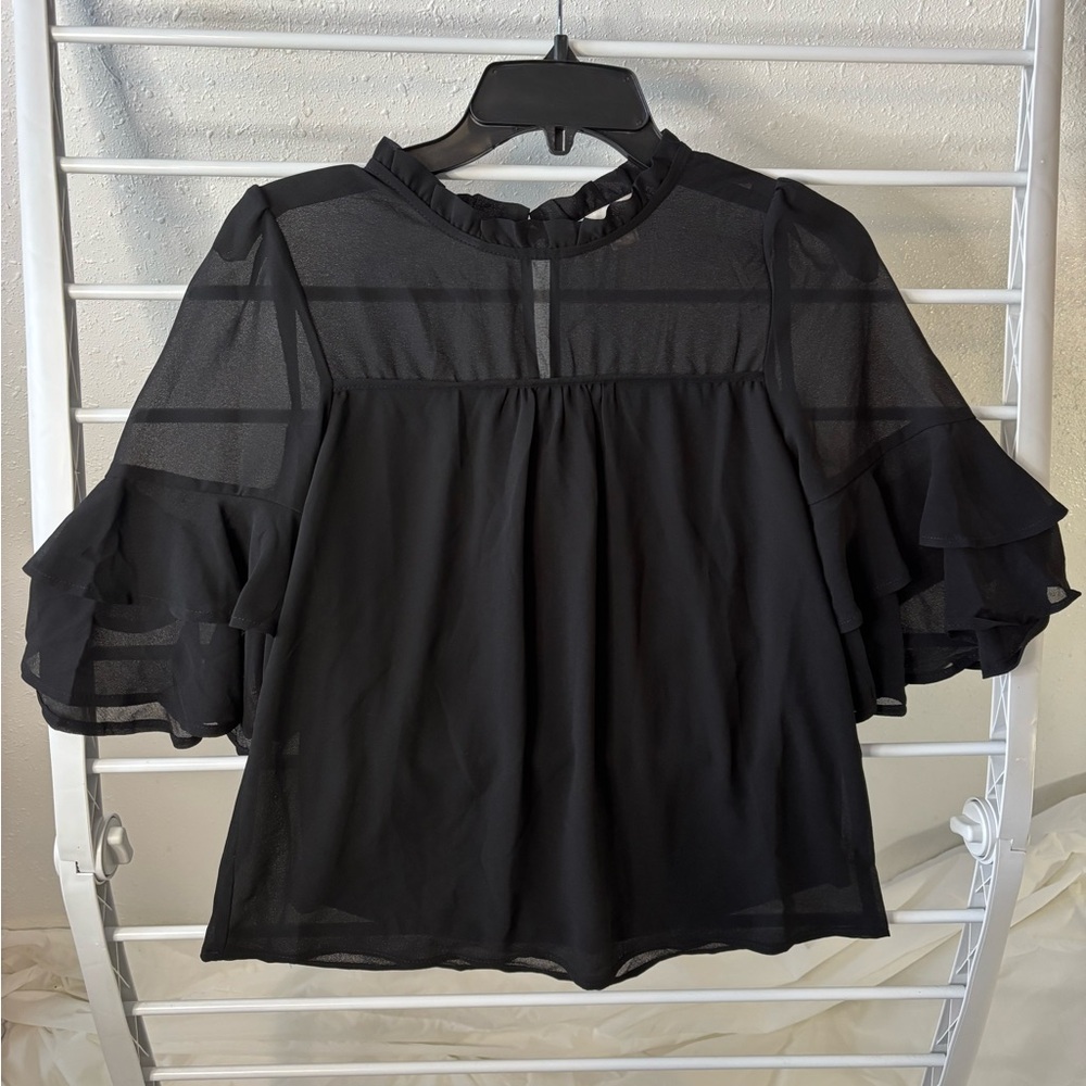 Monteau XS black flowy babydoll sheer, cami lining, ruffle sleeve & neck EUC